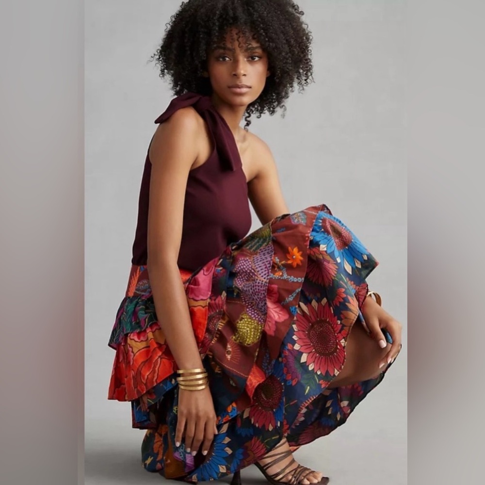 NWT ANTHROPOLOGIE Farm Rio Tiered Midi Floral Tropical Skirt - Picture 2 of 13